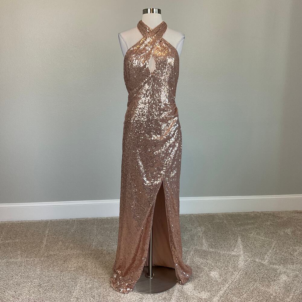 AQUA Rose Gold Column Gown Sequined Backless Cut Out Halter Dress Size Medium - Picture 4 of 13